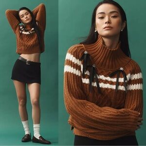 Anthropologie Maeve Turtleneck Balloon-Sleeve Bow Sweater Size LP NWT